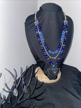 Blue Tribal Charm Necklace and Earring Set